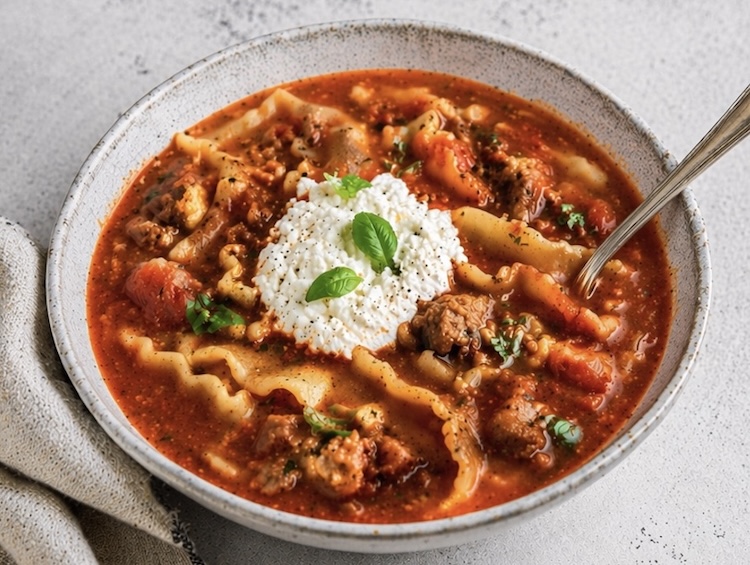 Lasagna soup in a bowl with ricotta cheese and basil. 