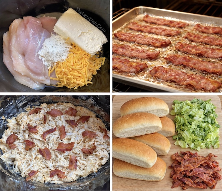 How to make the best creamy shredded chicken in a crockpot with cream cheese and cheddar to serve in sandwiches with crispy bacon. 