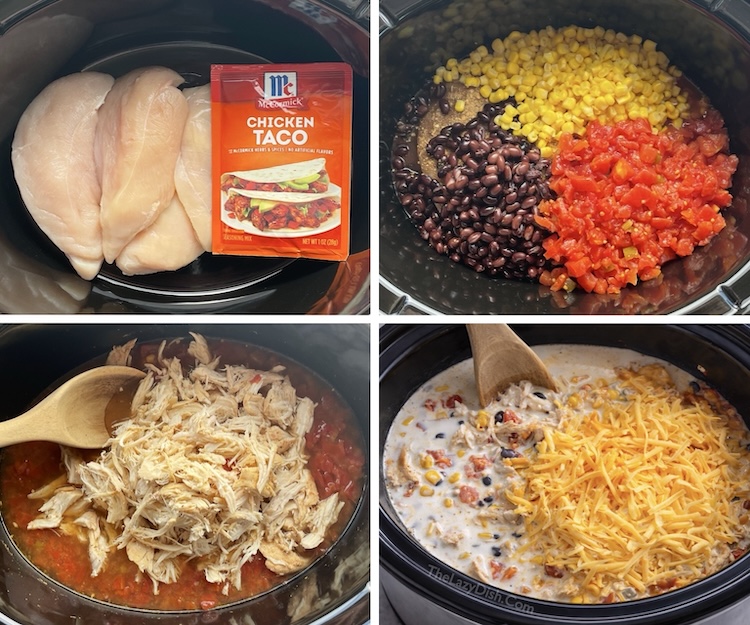 Creamy Chicken Taco Soup is a kid friendly versatile recipe made in a crockpot with chicken breasts, taco seasoning, heavy cream, cheddar cheese, beans, corn, and tomatoes. Delicious and so simple to make for the entire family. 
