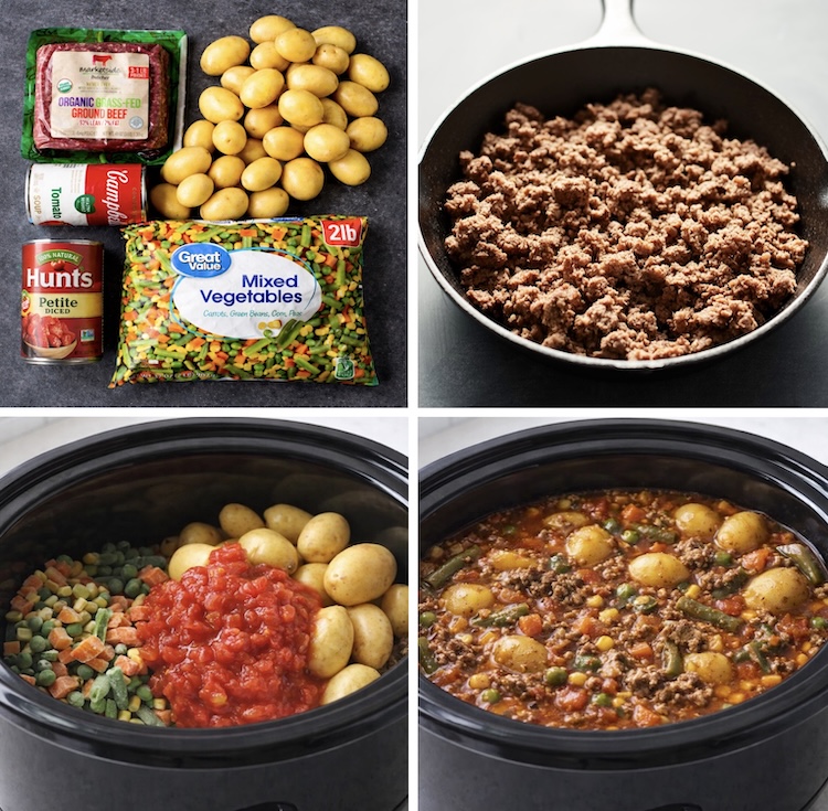 Step by Step Recipe: Making Cowboy Stew in a slow cooker with ground beef, mixed veggies, potatoes, and tomato soup. 