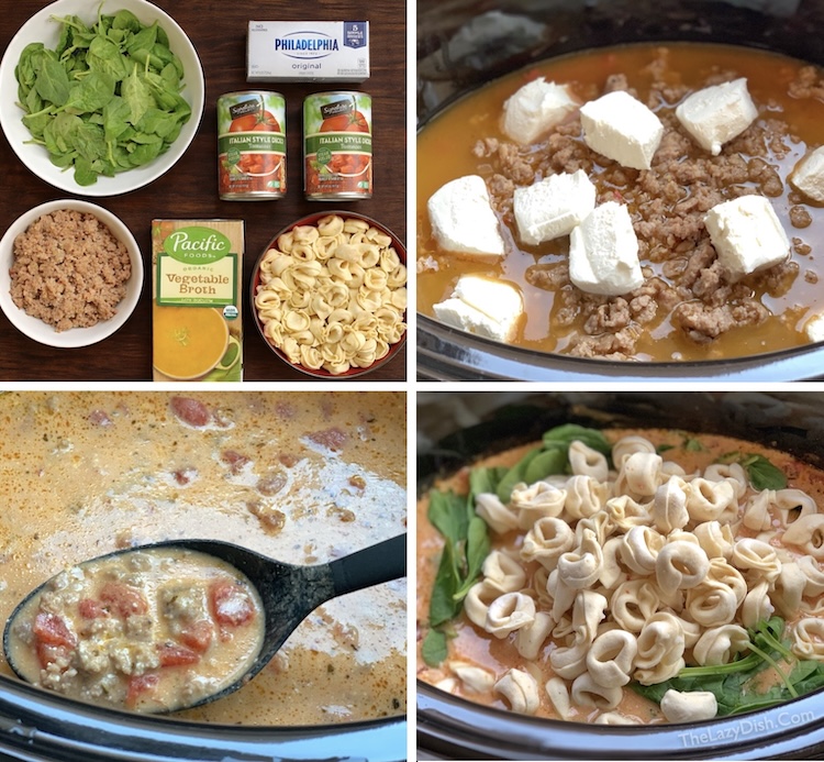 Step by step photos of making a creamy sausage soup with pasta and cream cheese in a slow cooker. 