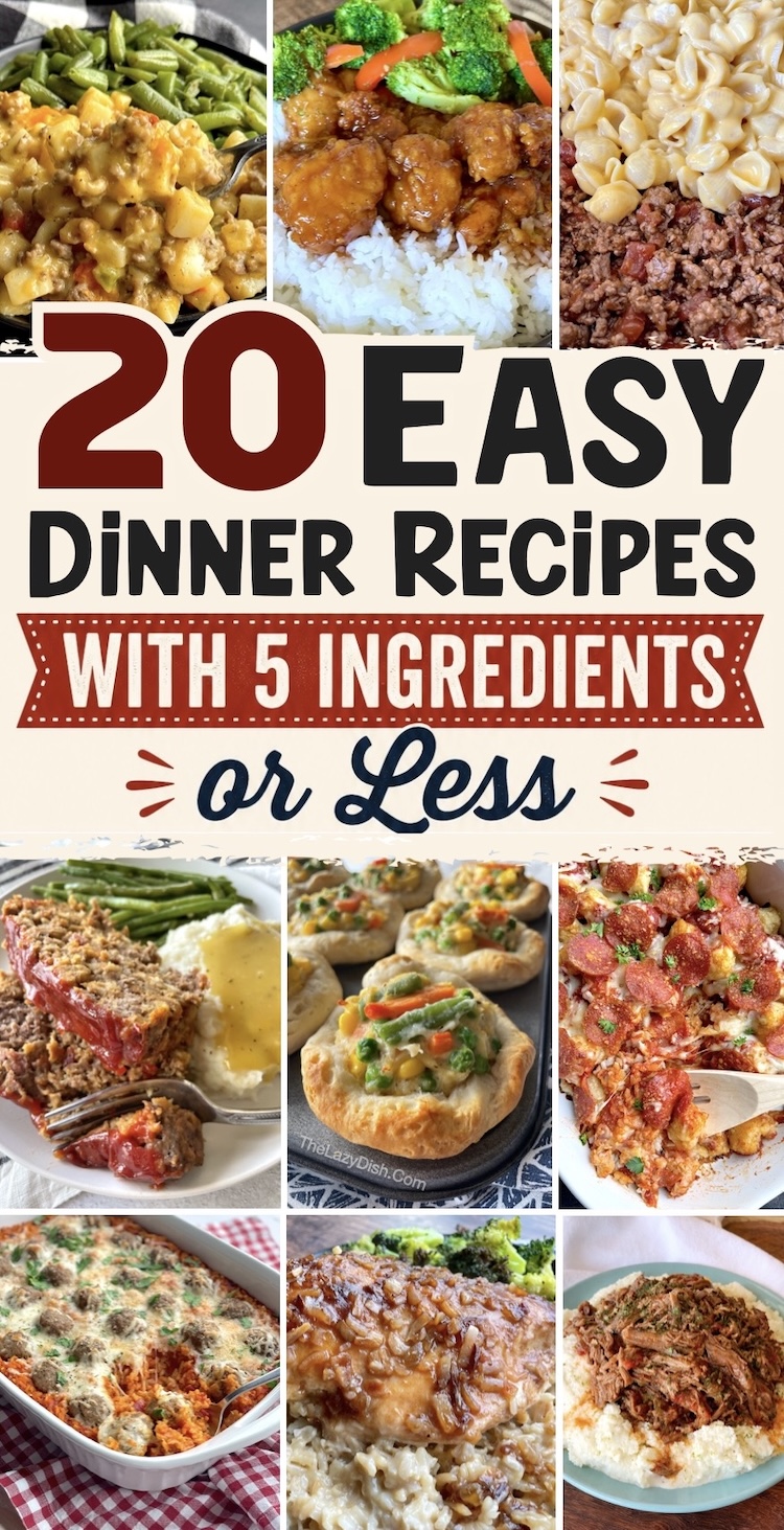 Easy dinner recipes made with few ingredients - 5 or less! This list of quick and simple dinner ideas is filled with pastas, ground beef, chicken, casseroles, slow cooker meals, and more. 