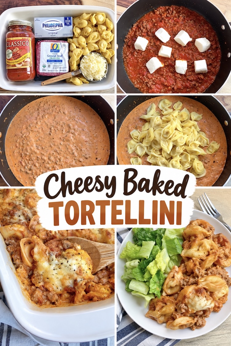 Number 2 on the list of Easy Fall Family Dinner Recipes: Baked Tortellini is a yummy comfort food dinner for picky eaters made with pasta, ground beef, pasta sauce, cream cheese, and shredded cheese in a baking dish. Cook until hot and toasty for a cold night at home.