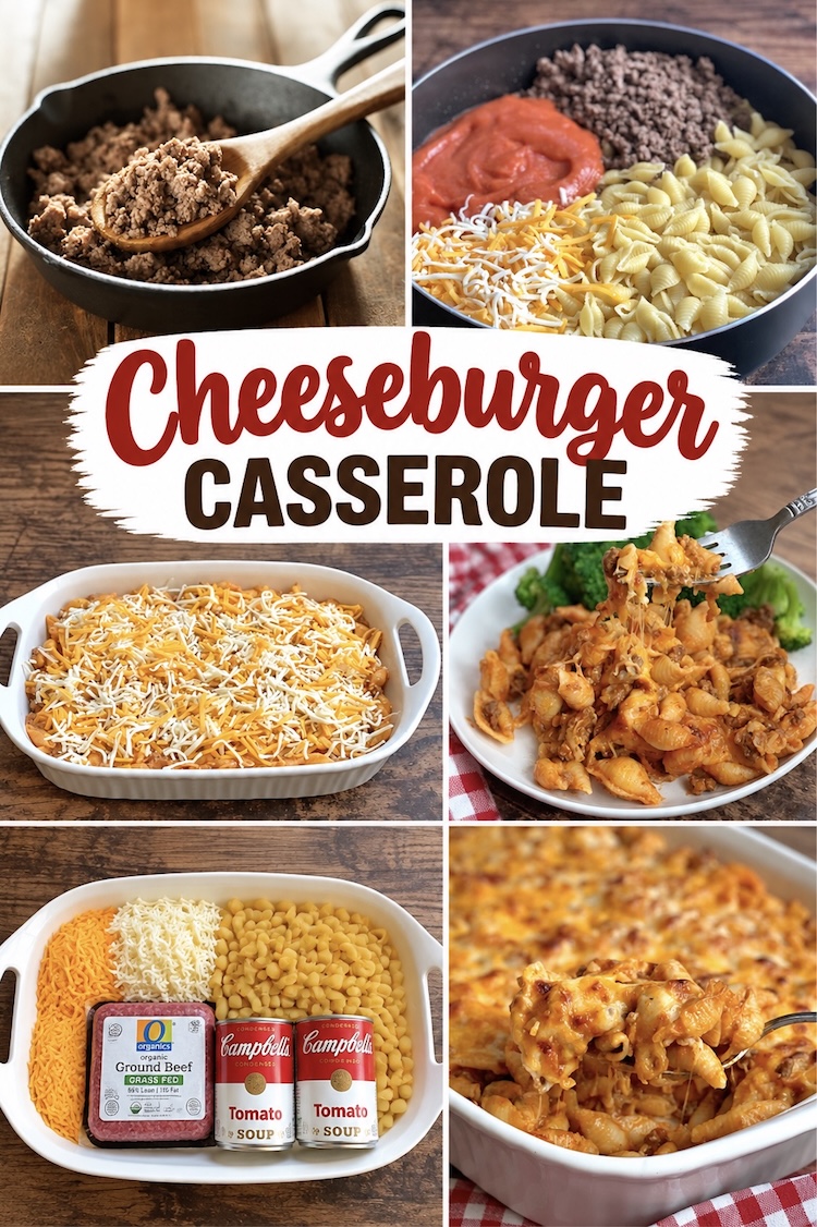 Number 8 on the List of Easy Fall Dinner Recipes: Cheeseburger Pasta Casserole made with sweet tomato soup, cheddar, and seasoned ground beef.