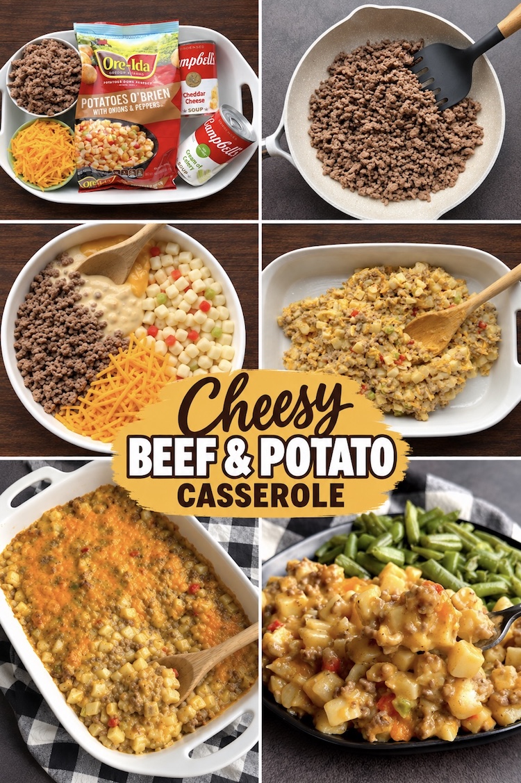 Number 16 on the List of Cozy Hot Dinner Dinner Ideas To Make: The easiest cheesy ground beef and potato casserole! It's made with a bag of frozen hash browns and a few cans of soup.