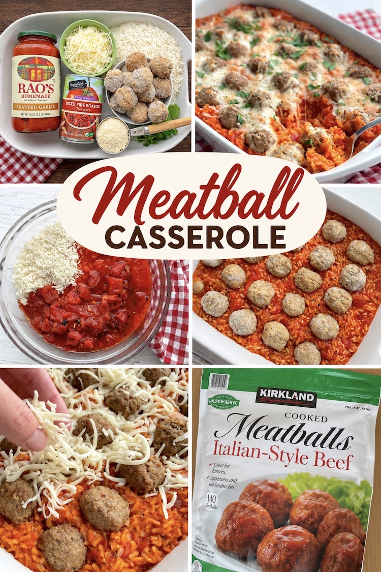 Number 20 on the List of Fall Dinner Recipes: Cheesy Meatball & Rice Casserole is a simple one pan dinner recipe made with minute rice, pasta sauce, lots of gooey cheese, and frozen meatballs.