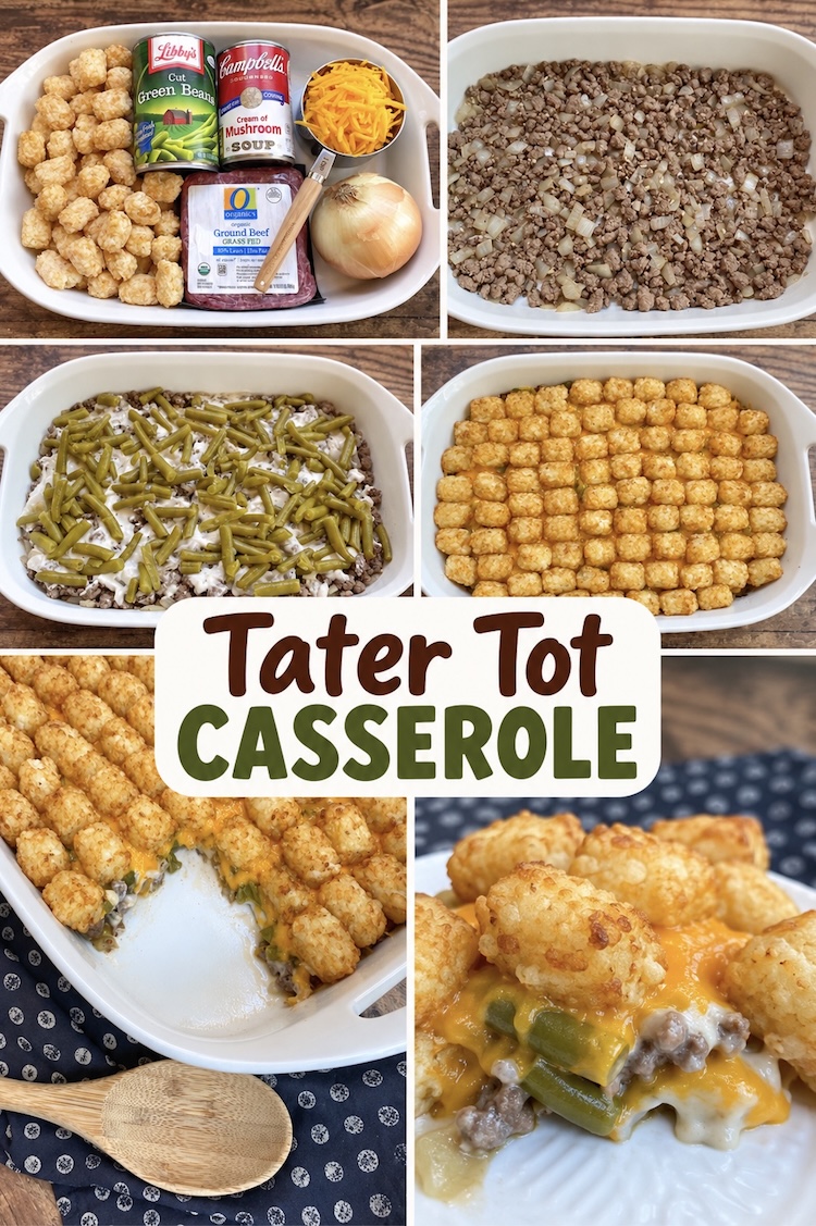 Number 5 on the list of Comfort Food Dinner Ideas: This cheesy tater tot casserole is made with savory ground beef, green beans, lots of cheese, and frozen tater tots for a tasty home cooked meal.
