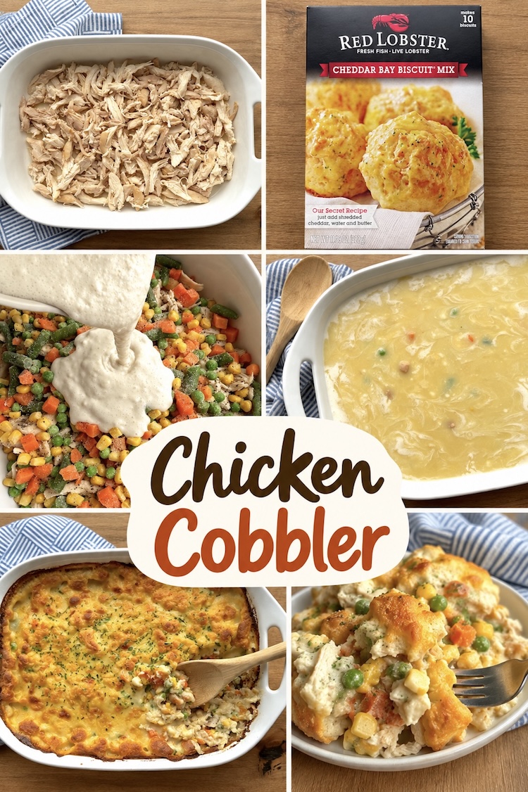 Number 13 on the List of Easy Family Dinner Ideas For Fall: Chicken & Biscuit Cobbler is a layered casserole made with rotisserie chicken, frozen veggies, soup, and a layer of Red Lobster Cheddar Bay Biscuits. One of our family's favorite kid friendly dinners.