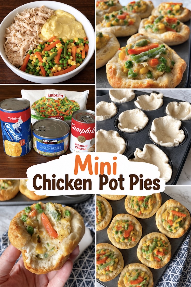 Number 18 on the List of Cozy Comfort Food Dinners: Mini Chicken Pot Pies made in a muffin pan with Pillsbury dough. A fun handheld dinner made with savory ingredients.