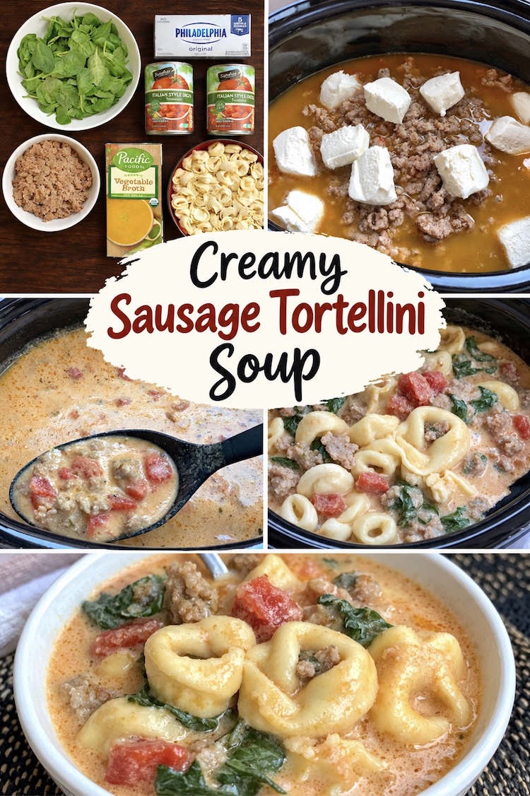 Number 10 on the List of Cozy Comfort Food Dinners for Fall: Crockpot Creamy Sausage Soup made with tortellini pasta and spinach. A delicious slow cooker dinner your entire family will enjoy!