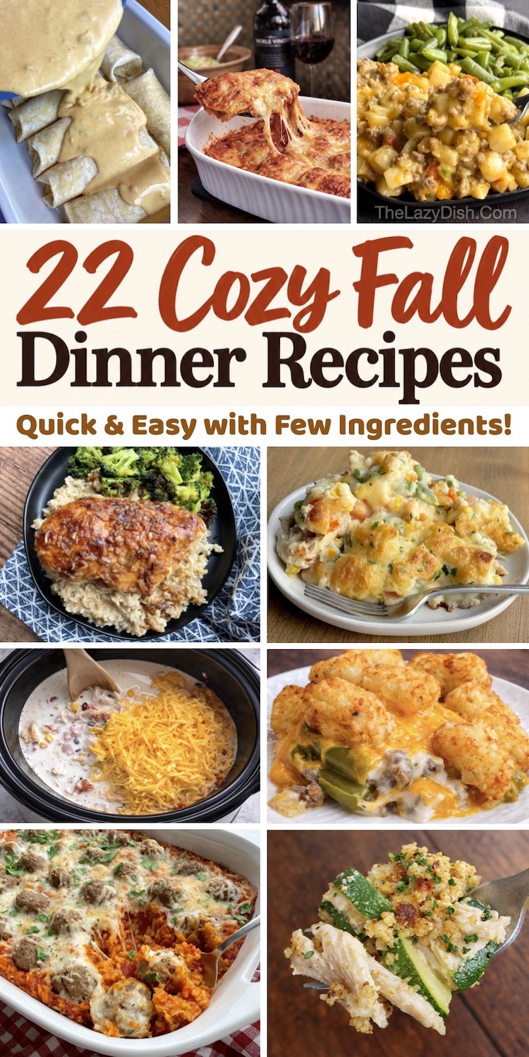 List of 22 Quick and Easy dinner recipes for fall! These simple comfort food ideas are all fast to make with few ingredients for a cold night at home. A variety of cheesy casseroles, pastas, slow cooker meals, and dinners for picky eaters.