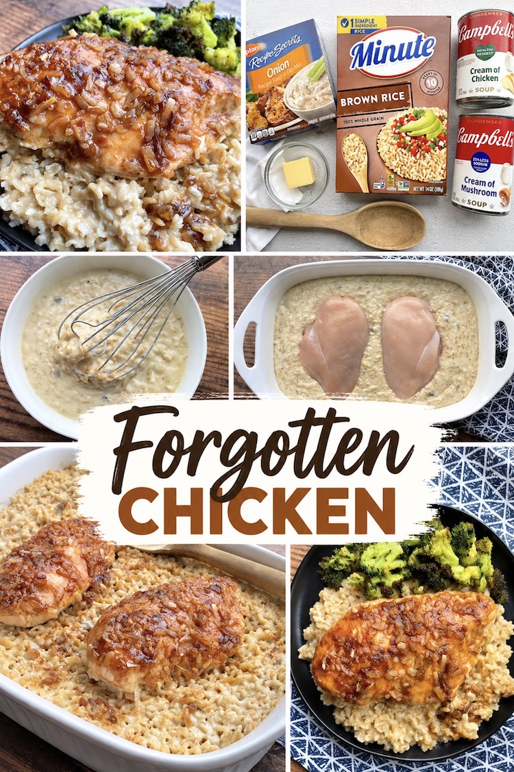 Number 1 on the list of Cozy Fall Dinner Ideas: A classic dinner recipe called Forgotten Chicken which consists of chicken breasts baked with creamy rice in a large baking dish.