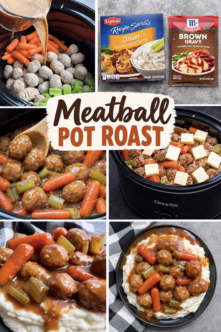 Number 9 on the List of Hot Dinner Ideas For Cold Fall Nights: Slow cooker meatball pot roast! An easier, budget friendly way of making this classic comfort food thanks to frozen meatballs and a few packets of gravy.