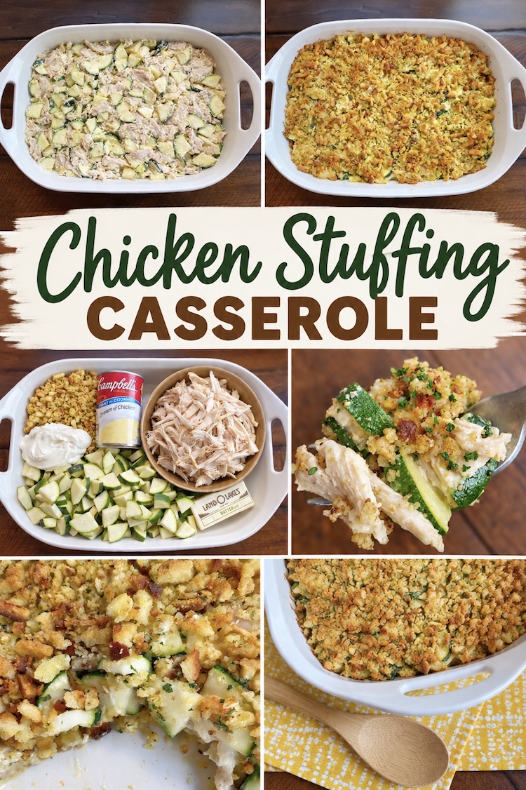 Number 11 on the List of Cozy Fall Dinner Ideas: Rotisserie chicken and stuffing baked casserole, a simple dinner recipes that reminds everyone of Thanksgiving.