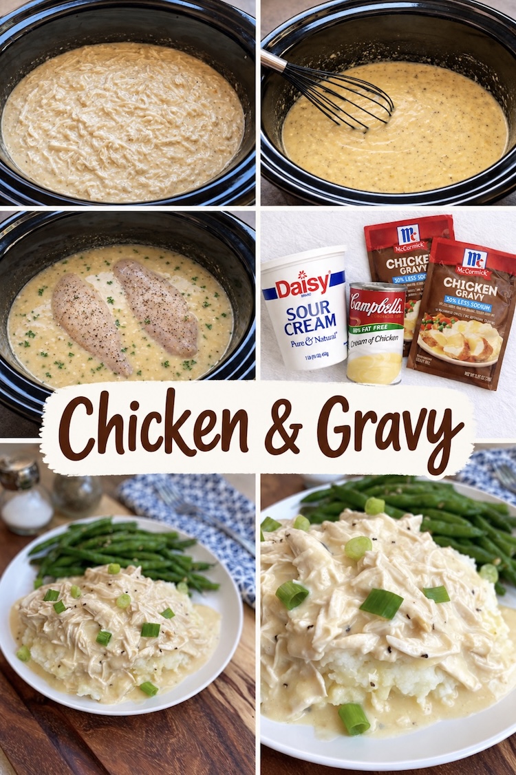 Number 21 on the List of Fall Comfort Food Dinners: Slow Cooker Chicken & Gravy served over mashed potatoes, pasta, or rice for a simple crockpot dinner for picky eaters.