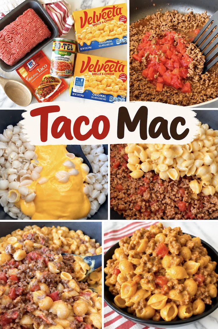 Number 19 on the List of Easy Cheesy Comfort Food Dinner Ideas: Taco Macaroni is a quick and easy dinner idea made with boxed macaroni and taco seasoned ground beef. It's combines two classic comfort foods for a delicious meal your entire family will love.