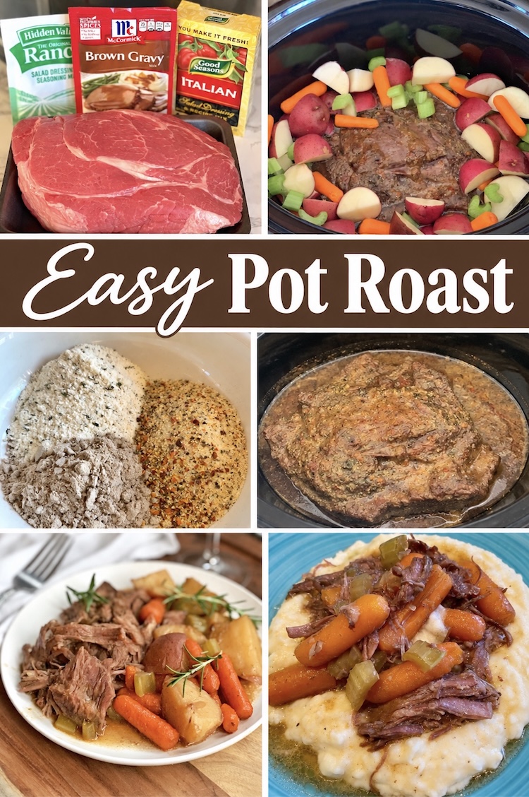 Number 22 on the List of Cozy Fall & Winter Dinner Ideas: How to make a classic pot roast in your slow cooker with 3 seasoning packets! Serve this delicious dinner over mashed potatoes on a cold night at home.