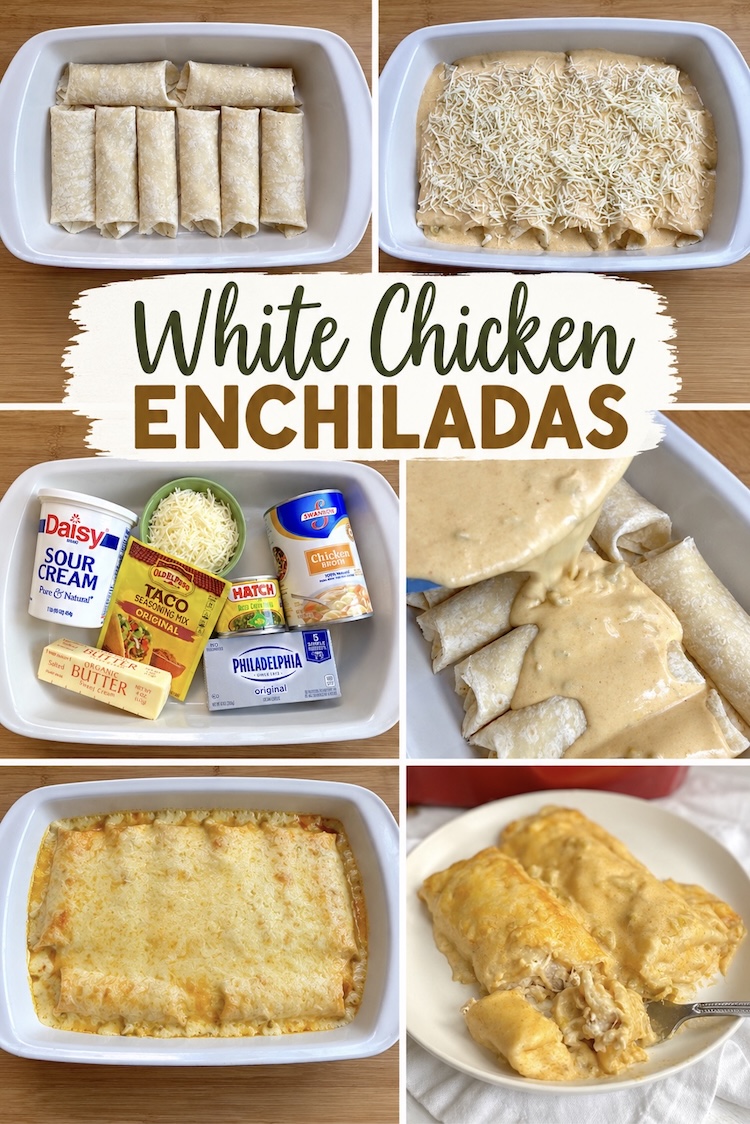 Number 4 on the List of Cozy Fall Dinner Ideas: White Chicken Enchiladas are a simple and delicious way to enjoy taco Tuesday at home with this easy homemade recipe made with rotisserie chicken and a creamy white sauce.